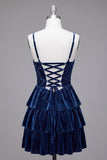 Corsetto A blu navy Burnout Velluto a livelli con volant Abito corto di cocktail con pizzo sulla schiena