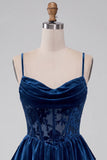 Corsetto A blu navy Burnout Velluto a livelli con volant Abito corto di cocktail con pizzo sulla schiena