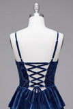 Corsetto A blu navy Burnout Velluto a livelli con volant Abito corto di cocktail con pizzo sulla schiena