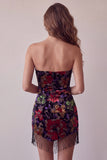 Abito Mini cocktail Bodycon Senza Spalline con Stampa Floreale e Frangie