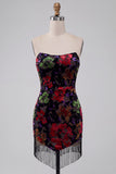 Abito Mini cocktail Bodycon Senza Spalline con Stampa Floreale e Frangie
