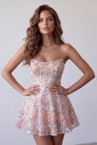 Blush A-Line senza spalline Ricamo floreale Abito corto di ritorno a casa