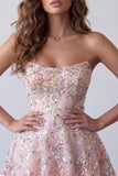 Blush A-Line senza spalline Ricamo floreale Abito corto di ritorno a casa