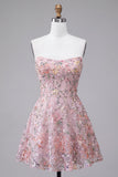 Blush A-Line senza spalline Ricamo floreale Abito corto di ritorno a casa