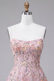 Blush A-Line senza spalline Ricamo floreale Abito corto di ritorno a casa