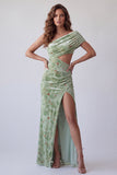 Vestito elegante lungo in velluto arricciato con stampa floreale di salvia polverosa e spalla