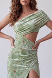 Vestito elegante lungo in velluto arricciato con stampa floreale di salvia polverosa e spalla