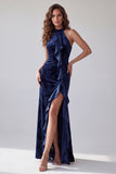 Vestito da sera lungo con pantaloni di velluto blu navy con pantaloni