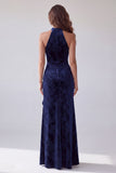 Vestito da sera lungo con pantaloni di velluto blu navy con pantaloni