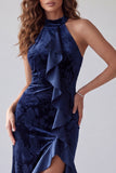Vestito da sera lungo con pantaloni di velluto blu navy con pantaloni