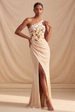 Champagne Corsetto floreale a sheath in velluto a una spalla con arricciamento e lungo vestito formale con fessura