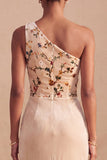 Champagne Corsetto floreale a sheath in velluto a una spalla con arricciamento e lungo vestito formale con fessura