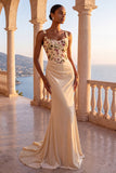 Corsetto floreale in stile champagne sirena arricciata lungo abito formale con coda ampia