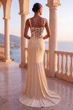 Corsetto floreale in stile champagne sirena arricciata lungo abito formale con coda ampia