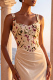 Corsetto floreale in stile champagne sirena arricciata lungo abito formale con coda ampia