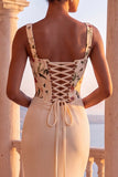 Corsetto floreale in stile champagne sirena arricciata lungo abito formale con coda ampia