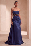 Corsettio blu navy in raso Fodero floreale senza spalline arricciata Abito Formale Lungo