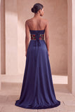 Corsettio blu navy in raso Fodero floreale senza spalline arricciata Abito Formale Lungo