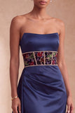 Corsettio blu navy in raso Fodero floreale senza spalline arricciata Abito Formale Lungo