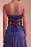 Corsettio blu navy in raso Fodero floreale senza spalline arricciata Abito Formale Lungo