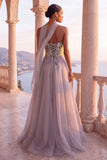 Corsetto grigio chiaro Organza A-Line Strapless Abito Formale Lungo con sciarpa al collo