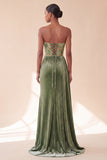 Corsetto verde con guaina velluto senza spalline abito lungo formale arricciato con nastro laterale