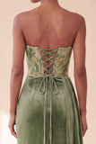 Corsetto verde con guaina velluto senza spalline abito lungo formale arricciato con nastro laterale