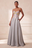 Corsetto grigio senza spalline in raso floreale arricciata paillettes, abito lungo formale con tasche