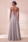 Corsetto grigio senza spalline in raso floreale arricciata paillettes, abito lungo formale con tasche