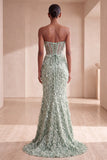 Corsetto, sirena senza spalline piumate con paillettes, vestito lungo elegante con fiocco