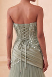 Vestito formale lungo con paillette verde salvia verde linea A e paillettes, vestito formale lungo con drappeggio