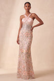 Tetter, blush con guaina, paillettes, strass, vestito lungo, floreale con ricamo