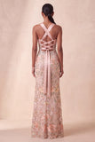 Tetter, blush con guaina, paillettes, strass, vestito lungo, floreale con ricamo