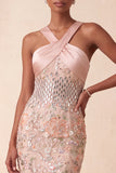 Tetter, blush con guaina, paillettes, strass, vestito lungo, floreale con ricamo
