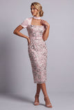 Abito midi Mother of the Bride con cintura rosa chiaro scollo quadrato a maniche corte