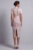 Abito midi Mother of the Bride con cintura rosa chiaro scollo quadrato a maniche corte