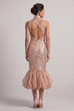 Blush sirena Tasche a collo alto Orlo a bolle Abito madre della sposa con paillettes
