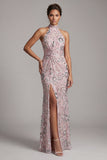 Vestito lungo da madre della sposa rosa chiaro con fessura laterale