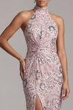Vestito lungo da madre della sposa rosa chiaro con fessura laterale