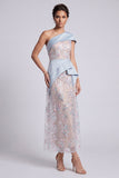 Vestito Maxi Mother of the Bride con fascia blu chiaro con paillettes su una spalla
