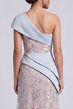 Vestito Maxi Mother of the Bride con fascia blu chiaro con paillettes su una spalla