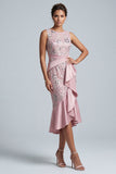 Abito midi midi madre della sposa rosa chiaro, sheath con scollo rotondo e volant