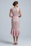 Abito midi midi madre della sposa rosa chiaro, sheath con scollo rotondo e volant