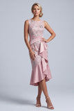 Abito midi midi madre della sposa rosa chiaro, sheath con scollo rotondo e volant