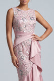 Abito midi midi madre della sposa rosa chiaro, sheath con scollo rotondo e volant