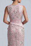 Abito midi midi madre della sposa rosa chiaro, sheath con scollo rotondo e volant