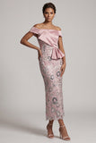 Vestito di mamma della sposa a paillettes rosa chiaro con paillettes lunghe come il tè con drappeggio