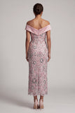 Vestito di mamma della sposa a paillettes rosa chiaro con paillettes lunghe come il tè con drappeggio