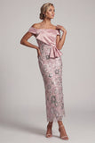 Vestito di mamma della sposa a paillettes rosa chiaro con paillettes lunghe come il tè con drappeggio