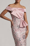 Vestito di mamma della sposa a paillettes rosa chiaro con paillettes lunghe come il tè con drappeggio